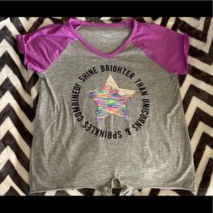 Justice Girls pink and gray crop top with front tie Size 14/16.